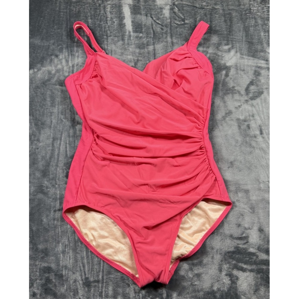 Miraclesuit Womens 10 Pink One Piece Swimsuit Ruched Surplice Underwire Tummy Co